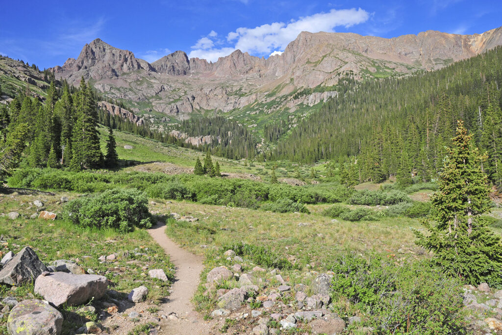 Green alpine valley with trail through center and rugged mountains in the background